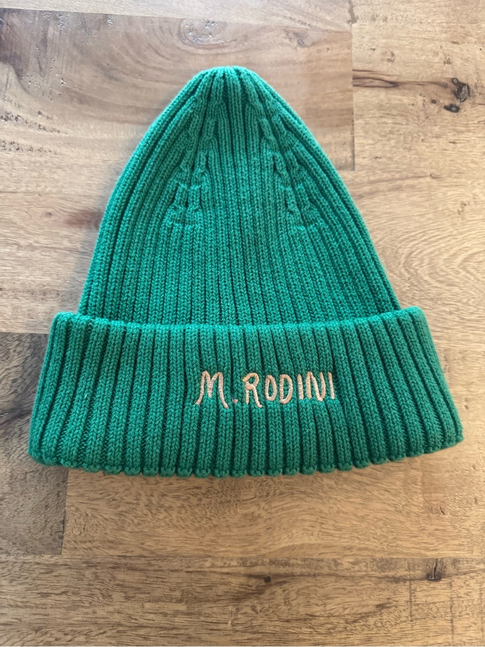 MINI RODINI green fold up rib hat embroidered 3-9 years